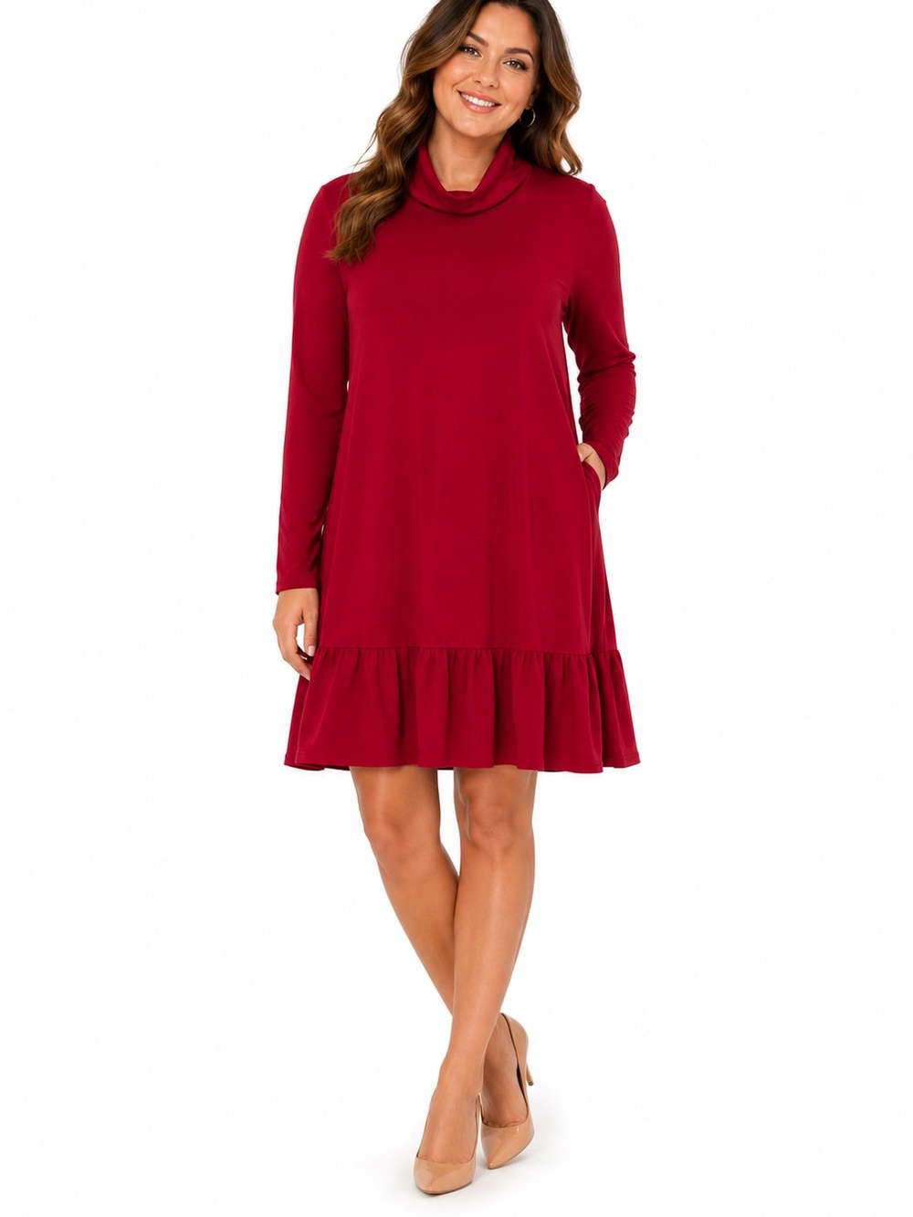 Tash + Sophie Womens‎ Size Large Dress Red Stretch Turtleneck Peplum Long Sleeve